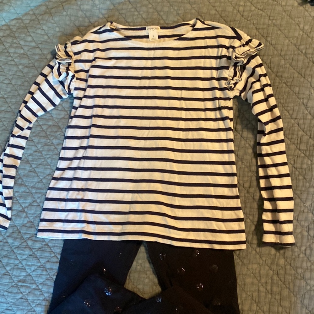 J Crewcuts size 8 outfit navy cotton ruffle shirt and glitter for leggings
